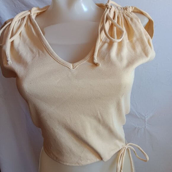 Small Vintage 80's Top Yellow V-Neck T-shirt Crop Ruched Shoulders Drawstring - Picture 3 of 7